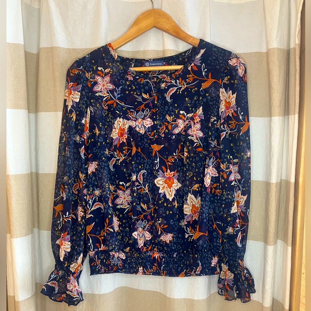 Floral Print Elastic Drawn Waist Small Puff Wrist Detail